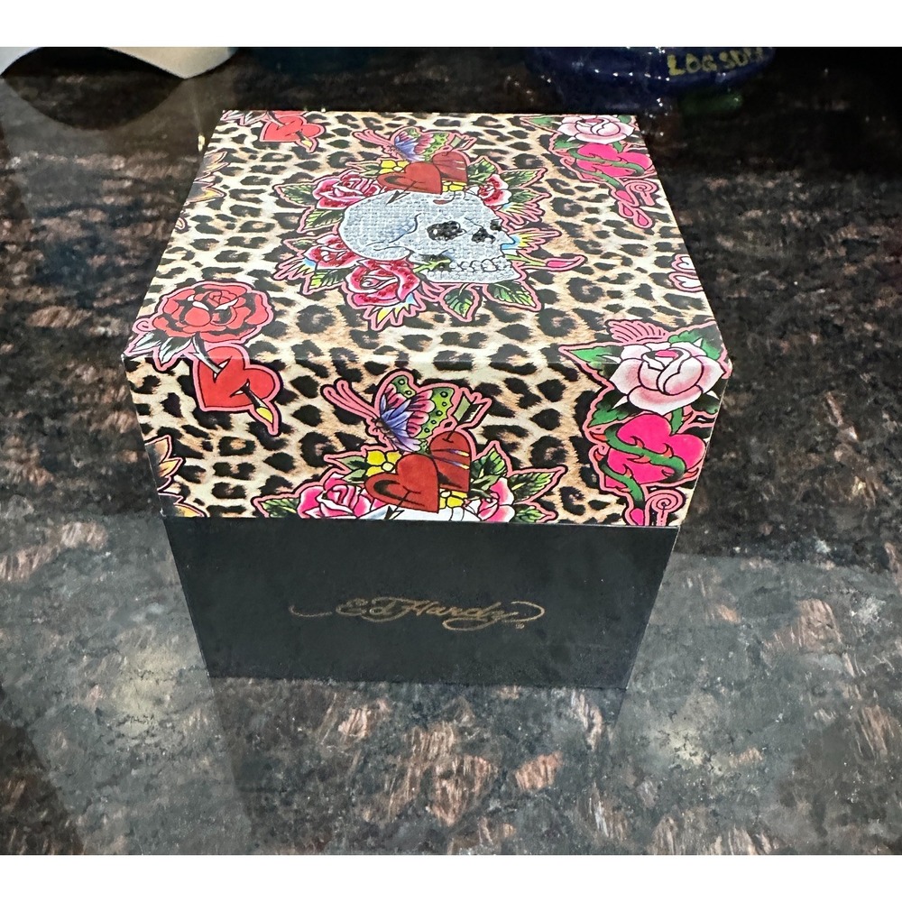 Ed Hardy Leopard Print Rhinestone Skull Roses Gift Watch Box Pink Interior Art